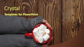 Presentation with hot chocolate - Audience pleasing theme consisting of female hand holding cup of hot chocolate with marshmallow on wooden table backdrop and a tawny brown colored foreground