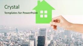  Presentation with green real estate - Cool new slide set with female hand holding green paper backdrop and a mint green colored foreground