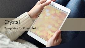  Presentation with tablet - Presentation theme featuring brain reading - female hand holding pc tablet background and a soft green colored foreground