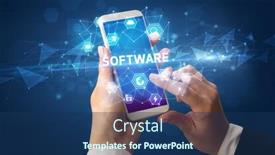  Presentation with software - Slide set featuring female hand holding smartphone with software inscription modern technology concept background and a ocean colored foreground