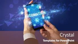  Presentation with automation - Presentation design enhanced with female hand holding smartphone with automation inscription modern technology concept background and a tawny brown colored foreground