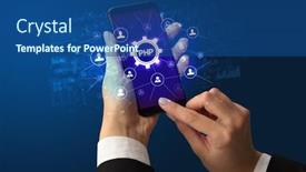  Presentation with smartphone - Colorful presentation enhanced with hand holding smartphone with php backdrop and a ocean colored foreground