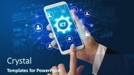  Presentation with smartphone - Presentation theme consisting of female hand holding smartphone with ict abbreviation modern technology concept background and a ocean colored foreground