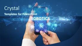  Presentation with robotics - Presentation theme featuring female hand holding smartphone background and a ocean colored foreground