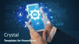  Presentation with smartphone - Presentation theme consisting of female hand holding smartphone with kpi abbreviation modern technology concept background and a ocean colored foreground
