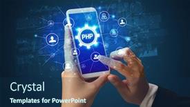  Presentation with smartphone - Beautiful slide set featuring female hand holding smartphone with php abbreviation modern technology concept backdrop and a navy blue colored foreground