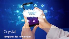  Presentation with software testing - Presentation consisting of female hand holding smartphone with software testing inscription cloud technology concept background and a navy blue colored foreground