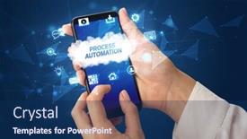  Presentation with process automation - Colorful slide set enhanced with female hand holding smartphone with process automation inscription cloud technology concept backdrop and a navy blue colored foreground