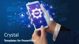  Presentation with smartphone - Audience pleasing slide set consisting of hand holding smartphone with php backdrop and a navy blue colored foreground