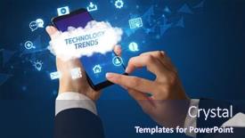  Presentation with technology trends - Amazing PPT theme having female-hand-holding-smartphone backdrop and a navy blue colored foreground