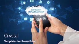  Presentation with software - Cool new PPT theme with female-hand-holding-smartphone backdrop and a navy blue colored foreground