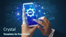  Presentation with smartphone - Cool new PPT theme with female-hand-holding-smartphone backdrop and a navy blue colored foreground