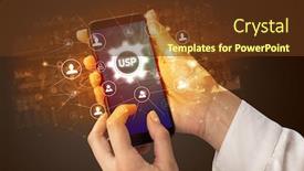  Presentation with smartphone - PPT theme featuring female-hand-holding-smartphone background and a tawny brown colored foreground