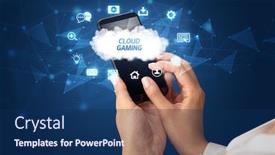  Presentation with cloud gaming - Audience pleasing PPT layouts consisting of female-hand-holding-smartphone backdrop and a navy blue colored foreground