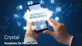  Presentation with sustainable development - PPT layouts consisting of female-hand-holding-smartphone background and a navy blue colored foreground