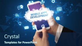  Presentation with mobile technology - Cool new PPT theme with female-hand-holding-smartphone backdrop and a navy blue colored foreground