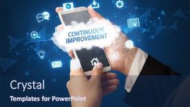  Presentation with continuous improvement - Audience pleasing presentation design consisting of female-hand-holding-smartphone backdrop and a navy blue colored foreground