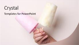  Presentation with cotton candy - Cool new PPT theme with female hand holding sweet cotton backdrop and a sky blue colored foreground