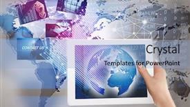  Presentation with earth network - Beautiful slide deck featuring female hand holding tablet with digital earth on screen global internet connection business network and social media concept backdrop and a light blue colored foreground