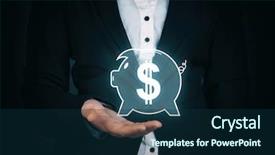  Presentation with virtual hand - Slide deck consisting of female hand holding virtual piggy bank on dark background background and a navy blue colored foreground