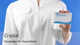  Presentation with medical service - Theme featuring female hand holding visiting card background and a light gray colored foreground