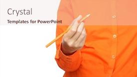  Presentation with hand holding pencil - PPT theme with female hand in orange sleeve holding a pencil background and a lemonade colored foreground