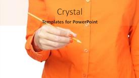  Presentation with hand holding pencil - Cool new slide deck with female hand in orange sleeve holding a pencil backdrop and a yellow colored foreground