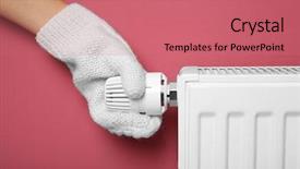  Presentation with battery - Theme enhanced with female hand in warm mitten on temperature regulator of heating battery on pink background closeup background and a coral colored foreground