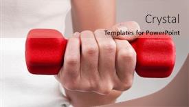  Presentation with barbell - Cool new PPT theme with female hand is holding a red barbell backdrop and a coral colored foreground