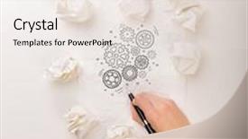  Presentation with next - Amazing slide deck having female hand next to a few crumpled paper balls drawing rotating gears backdrop and a sky blue colored foreground