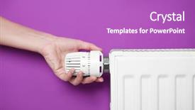  Presentation with battery - Beautiful theme featuring female hand on temperature regulator of heating battery on pink background closeup backdrop and a purple colored foreground