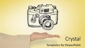  Presentation with doodle - Presentation enhanced with female hand presenting camera doodle against yellow vignette background and a blonde colored foreground