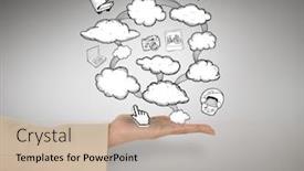  Presentation with cloud computing - Amazing slide deck having female hand presenting cloud computing graphic against grey vignette backdrop and a soft green colored foreground