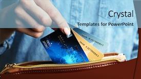  Presentation with credit card - PPT theme having female hand putting credit card background and a light blue colored foreground