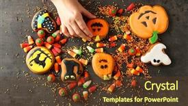  Presentation with cookie - Presentation theme with female hand taking halloween cookie background and a tawny brown colored foreground