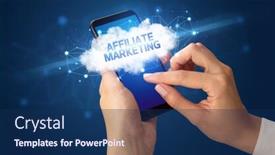  Presentation with affiliate marketing - Colorful PPT theme enhanced with female hand touching smartphone with affiliate marketing inscription cloud business concept backdrop and a navy blue colored foreground