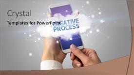  Presentation with business process - Presentation design featuring female hand touching smartphone with creative process inscription cloud business concept background and a light gray colored foreground