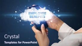  Presentation with employee benefits - Colorful presentation enhanced with female hand touching smartphone with employee benefits inscription cloud business concept backdrop and a ocean colored foreground