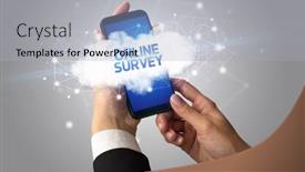  Presentation with online survey - PPT theme featuring female hand touching smartphone with online survey inscription cloud business concept background and a light blue colored foreground