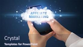  Presentation with affiliate marketing - Cool new slide deck with female hand touching smartphone with affiliate marketing inscription cloud business concept backdrop and a navy blue colored foreground