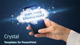  Presentation with employee engagement - Audience pleasing PPT theme consisting of touching smartphone with employee engagement backdrop and a navy blue colored foreground