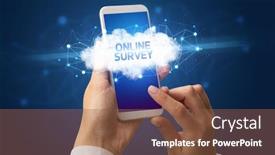  Presentation with online survey - Presentation theme consisting of female hand touching smartphone with online survey inscription cloud business concept background and a tawny brown colored foreground