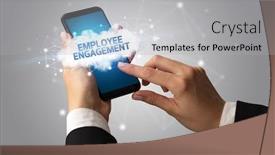  Presentation with employee engagement - Beautiful presentation theme featuring female-hand-touching-smartphone backdrop and a light gray colored foreground