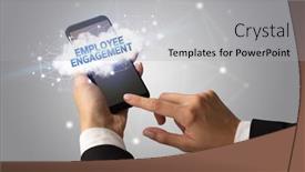  Presentation with employee engagement - Colorful presentation design enhanced with female-hand-touching-smartphone backdrop and a light gray colored foreground