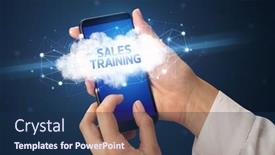  Presentation with business training - Colorful PPT theme enhanced with female-hand-touching-smartphone backdrop and a navy blue colored foreground