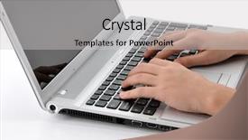  Presentation with laptop - Cool new slides with female hand typing on laptop backdrop and a  colored foreground