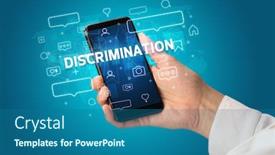  Presentation with discrimination - Cool new PPT theme with female hand typing on smartphone with discrimination inscription social media concept backdrop and a ocean colored foreground