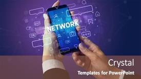  Presentation with social media network - Presentation theme with female-hand-typing-on-smartphone background and a violet colored foreground