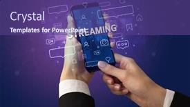  Presentation with social media - Presentation theme with female-hand-typing-on-smartphone background and a violet colored foreground