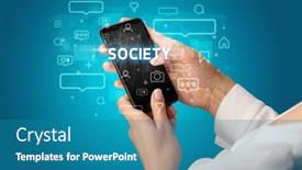  Presentation with society - Cool new slide deck with female-hand-typing-on-smartphone backdrop and a teal colored foreground